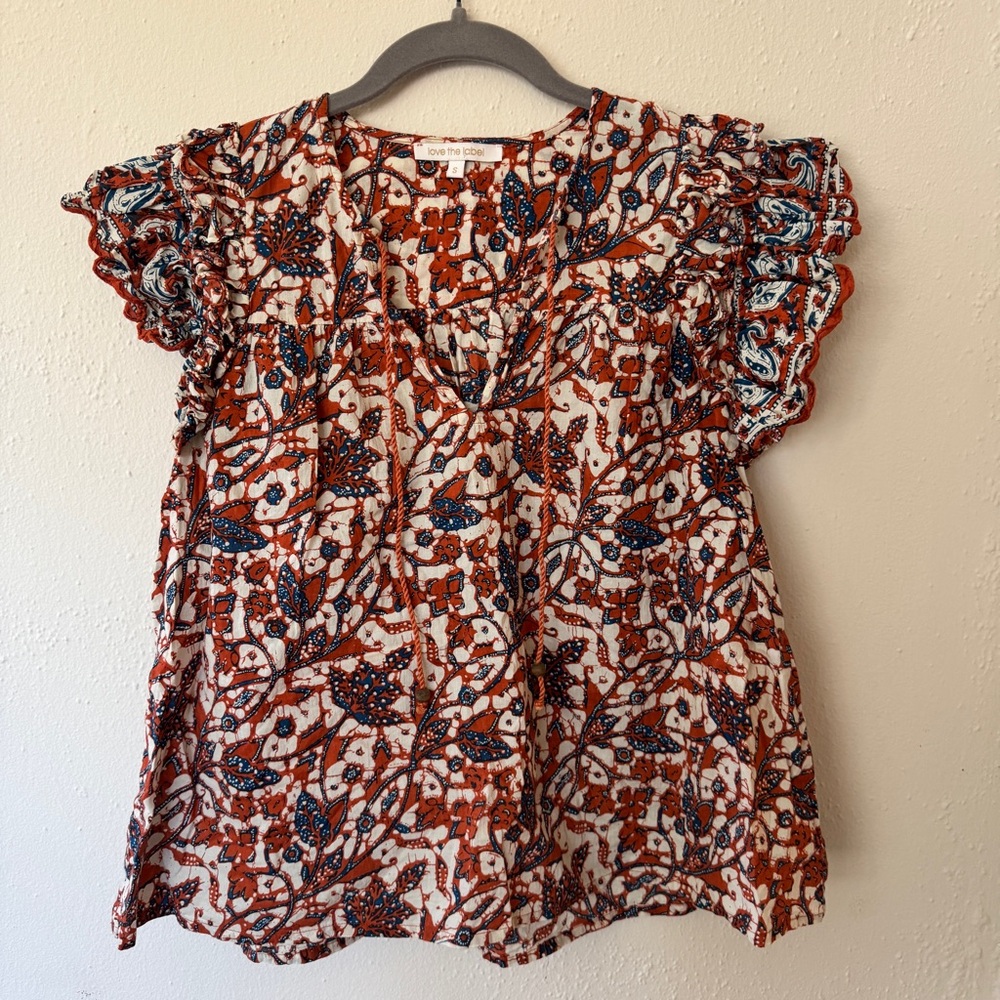 Anthropologie Love the Label Batik Ruffle Sleeve Top